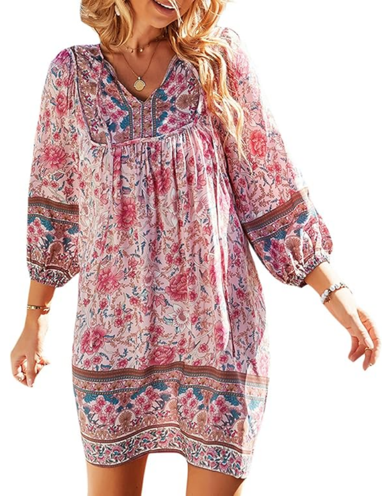 Rochie eleganta de vara pentru femei, stil boho, decolteu in V, imprimeu floral, maneca 3/4, mini-rochie casual, Bellezasourire, roz, marime M [1]