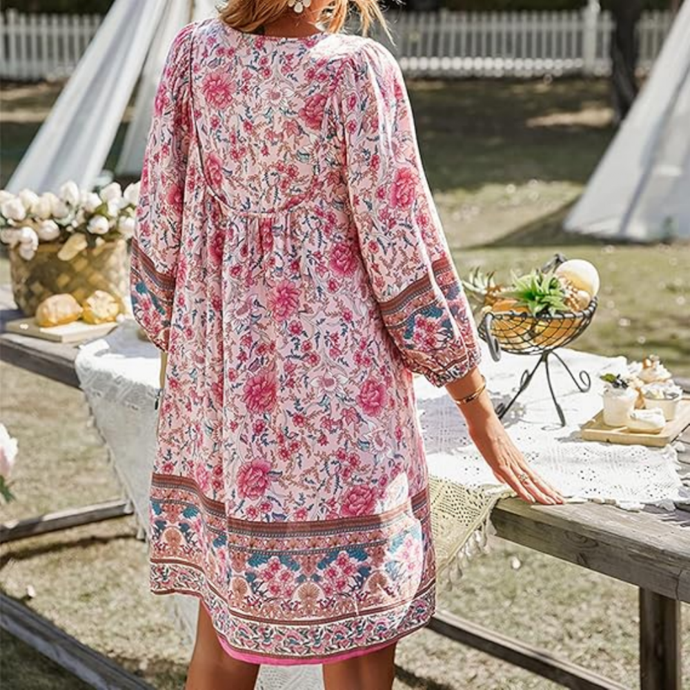Rochie eleganta de vara pentru femei, stil boho, decolteu in V, imprimeu floral, maneca 3/4, mini-rochie casual, Bellezasourire, roz, marime M [2]