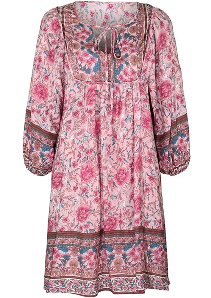 Rochie eleganta de vara pentru femei, stil boho, decolteu in V, imprimeu floral, maneca 3/4, mini-rochie casual, Bellezasourire, roz, marime M [4]