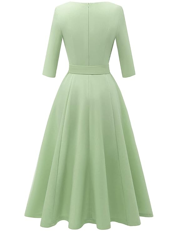 Rochie Elegantă Dresstells pentru Femei – Stil Vintage, Croială A-Line, Mâneci 3/4, Rochie de Ocazie pentru Nuntă sau Evenimente Speciale – Culoare Verde Salvie, Mărimea S (Bust 86 cm / Talie 68 cm) [2]