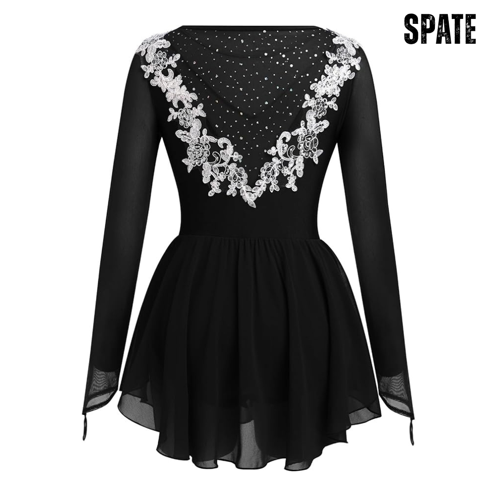 Rochie patinaj artistic dans sportiv negru maneca lunga strasuri flori fusta sifon plasa [4]