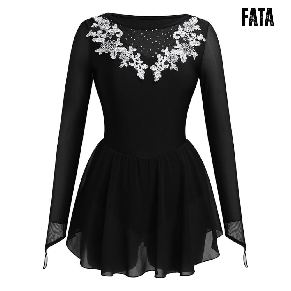Rochie patinaj artistic dans sportiv negru maneca lunga strasuri flori fusta sifon plasa [3]