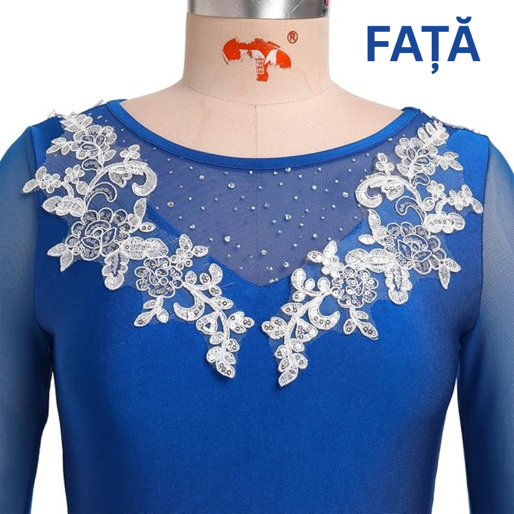 Rochie femei, marime XS, Patinaj artistic si dans sportiv, maneca lunga, strasuri si flori decorative, fusta din sifon plasa, Albastru [3]