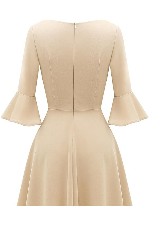 Rochie Festivă Damă cu Mâneci 3/4 Evazate Tip Clopot, Decolteu Rotund, Gardenwed, bej, marime XL [6]