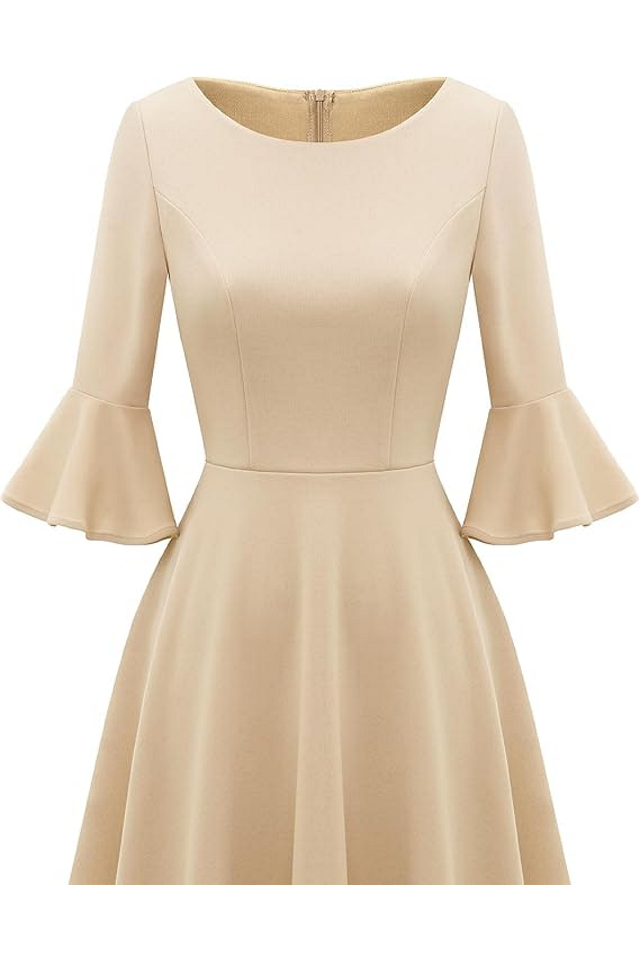 Rochie Festivă Damă cu Mâneci 3/4 Evazate Tip Clopot, Decolteu Rotund, Gardenwed, bej, marime XL [5]