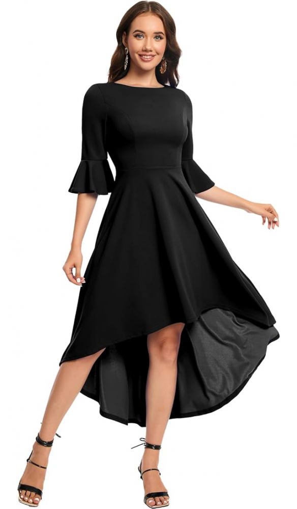 Rochie Festivă Damă cu Mâneci 3/4 Evazate Tip Clopot, Decolteu Rotund, Gardenwed, negru, marime XL [3]