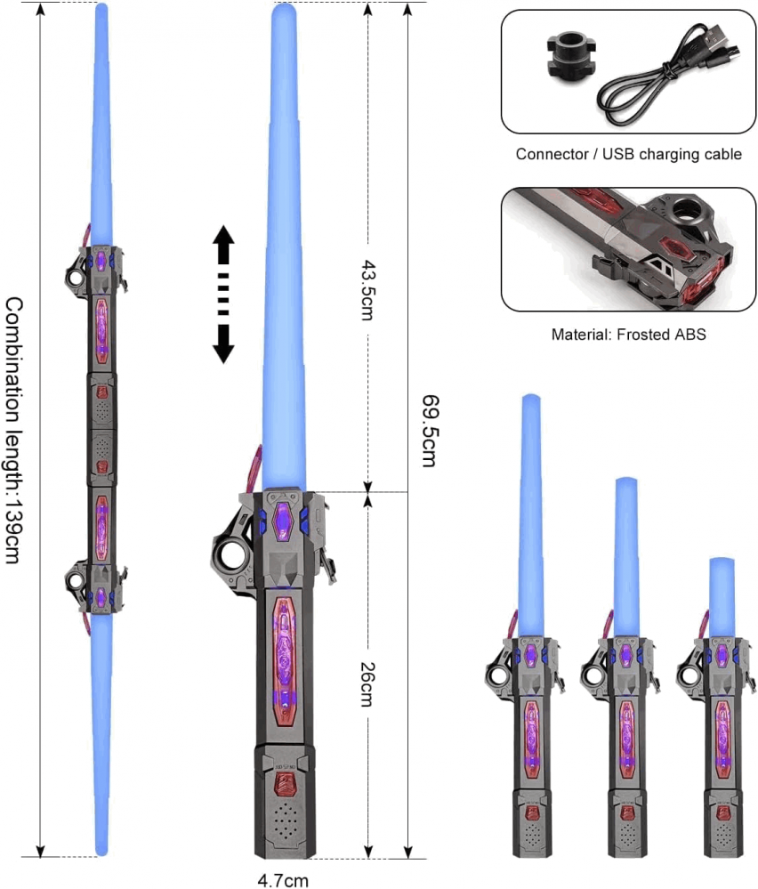 Sabie laser de jucarie Star Wars, 7 schimbari de culoare, cu efecte sonore, retractabila, reincarcabila prin USB, Argintiu [6]