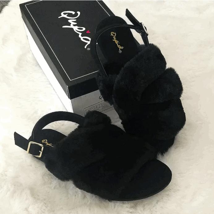 Sandale cu blana artificiala, Qupid, negru, marime 39,5 [2]