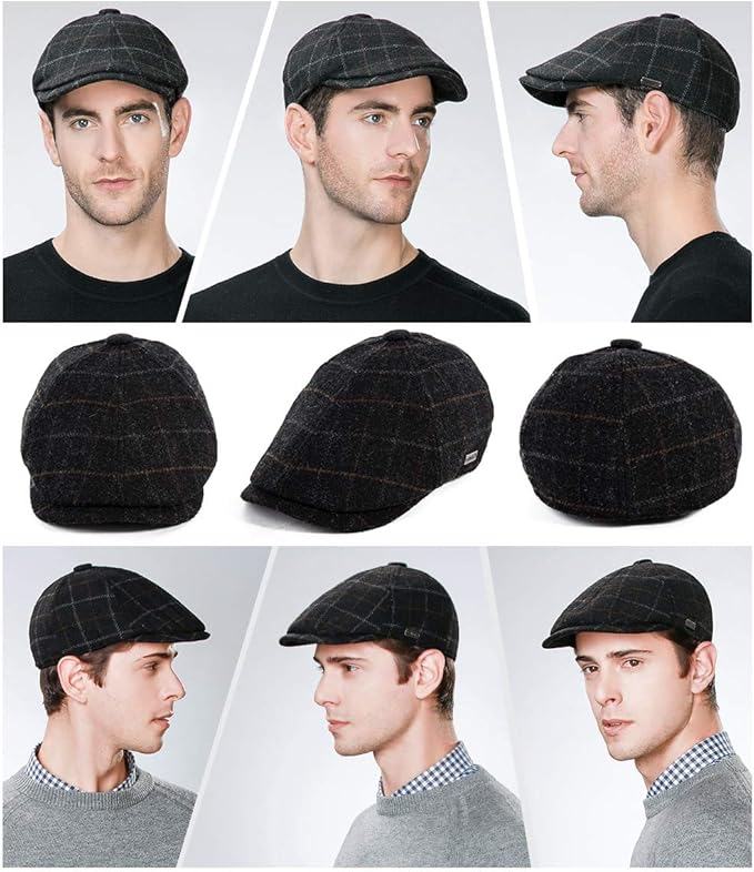Șapcă de Iarnă din Lână pentru Bărbați, Comhats, Model Gatsby, Stil Duckbill, Căptușită, Culoare Negru [2]