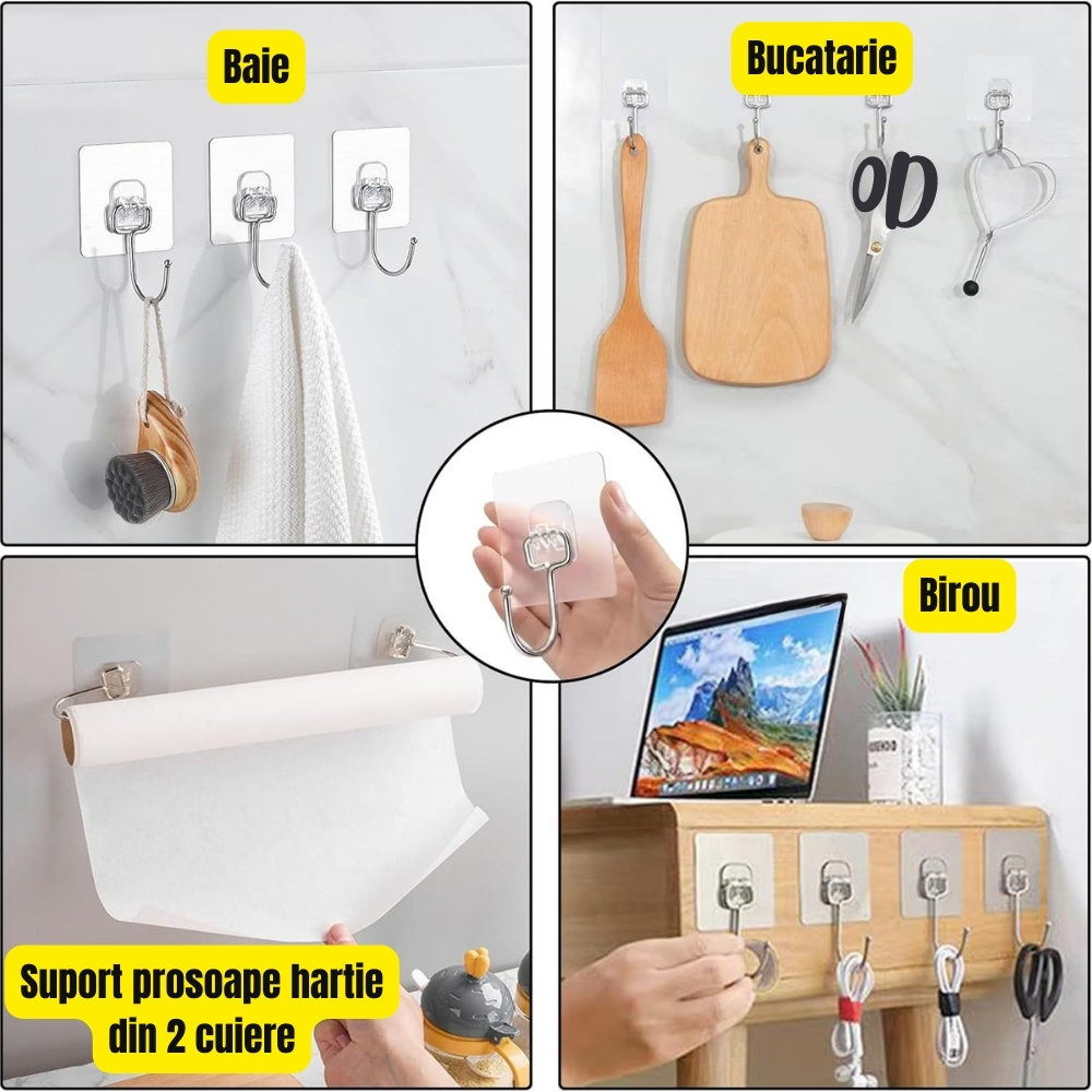 Set 6 cuiere transparente cu adeziv fara gauri in pereti, rezistente la apa pentru baie si bucatarie [3]