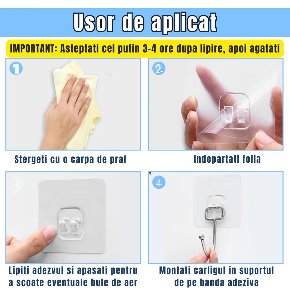 Set 6 cuiere transparente cu adeziv fara gauri in pereti, rezistente la apa pentru baie si bucatarie [9]