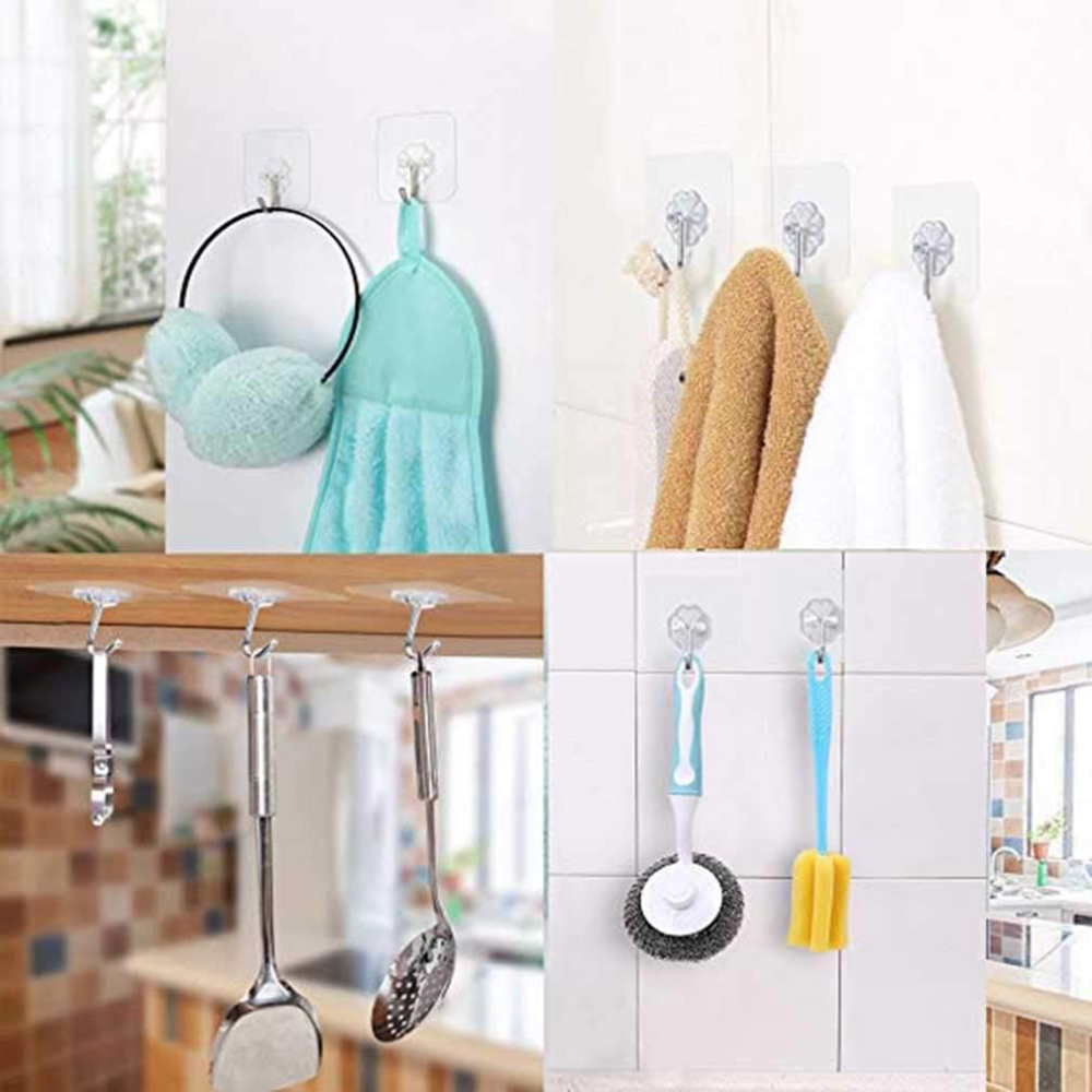 Set 10 carlige transparente cu adeziv fara gauri in pereti, rezistente la apa pentru baie si bucatarie [6]