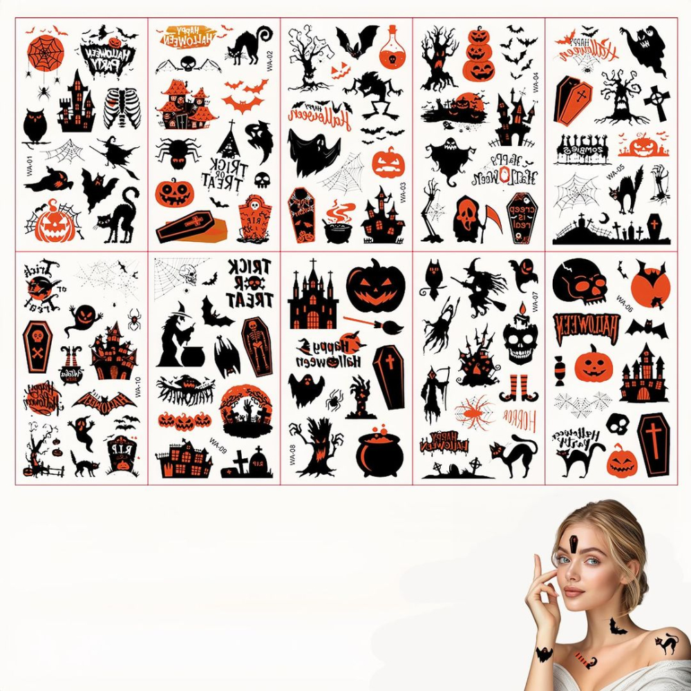 Set 10 foi tatuaje temporare Halloween activare cu apa modele infricosatoare [2]