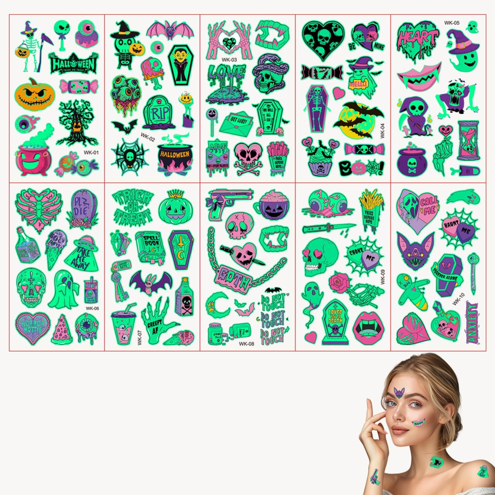 Set tatuaje temporare Halloween glow in the dark activare cu apa modele luminoase [2]
