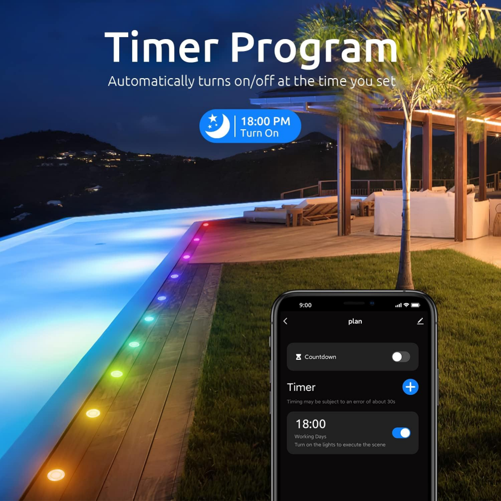 Set 10 Spoturi LED Încastrate pentru Pardoseală, 30mm, RGB, Control Inteligent WiFi prin Tuya App, Etanș IP67, Tensiune Joasă, Chesbung [8]