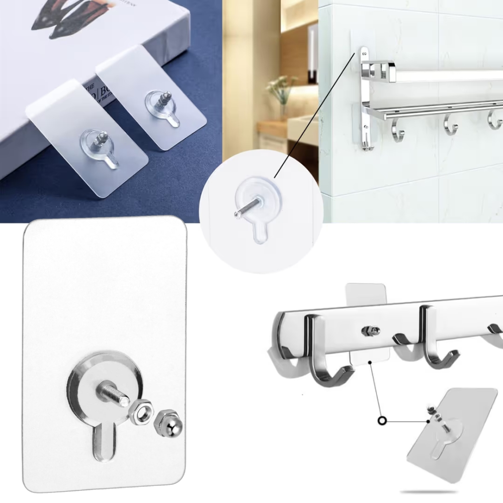 Set 10 suruburi cu banda adeziva transparenta 8x5 cm fara gauri in pereti rezistente la umezeala [4]