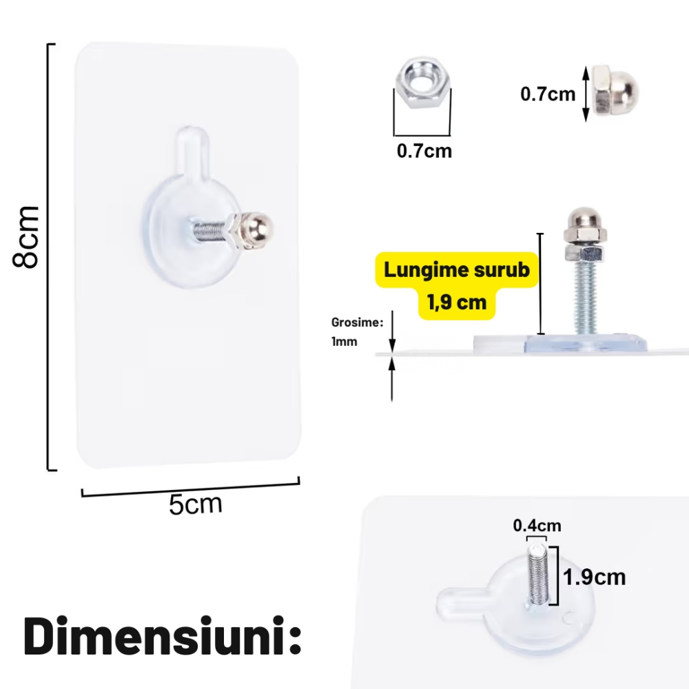Set 10 suruburi cu banda adeziva transparenta 8x5 cm fara gauri in pereti rezistente la umezeala [3]