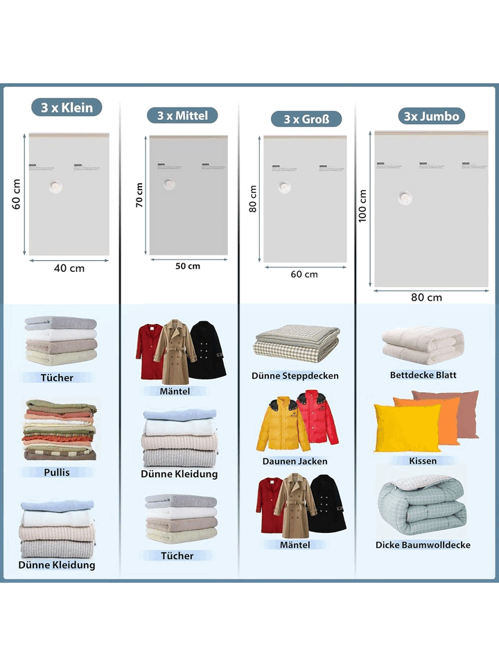 Set 12 Saci de Vidat pentru Haine – 3 Jumbo (80 x 100 cm), 3 Mari (60 x 80 cm), 3 Medii (50 x 70 cm), 3 Mici (40 x 60 cm), pentru Depozitare Etansa cu Supape de Aer [3]