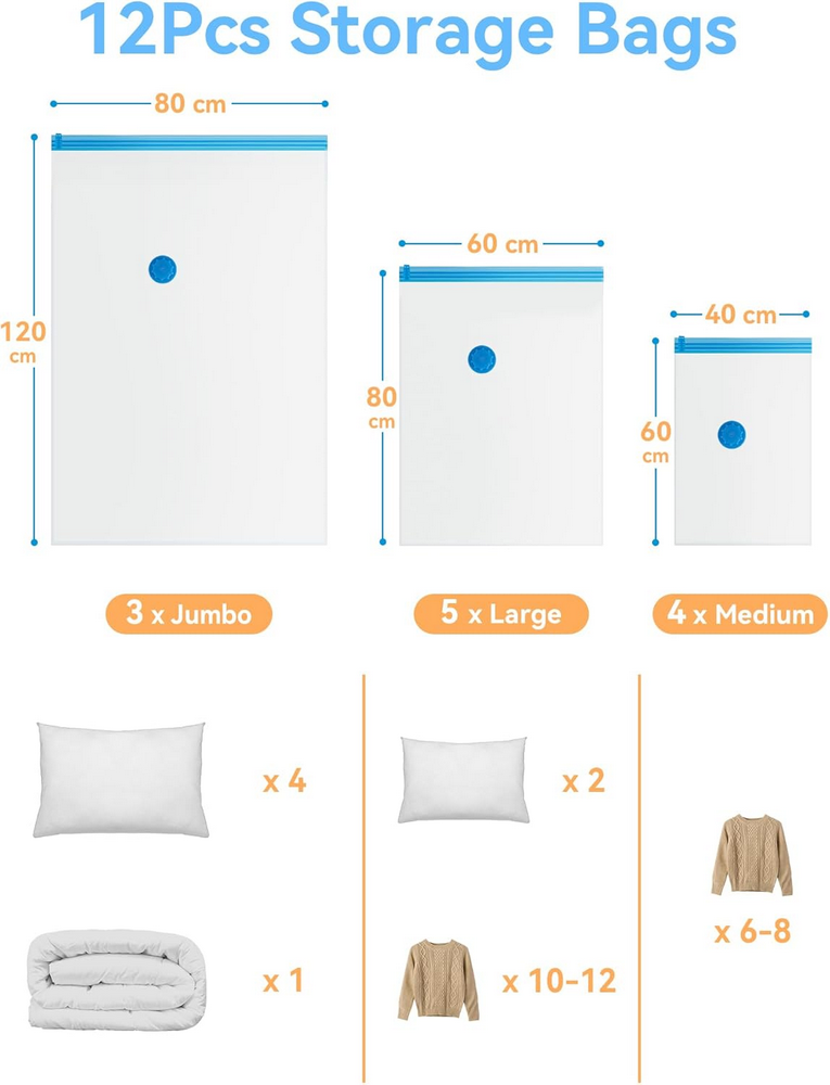 Set 12 saci vidat, Reutilizabili, Economisesti Pana la 80% Spatiu, HEETA, 4 mici, 5 medii, 3 mari si pompa [2]