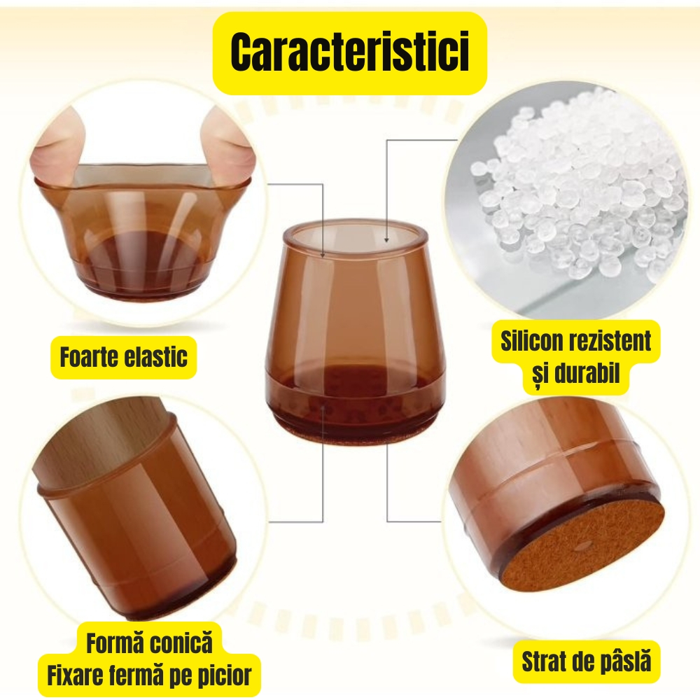 Set 16 protectii picioare scaun silicon cu pasla maro Ø15-21 mm antizgomot si antizgariere [4]