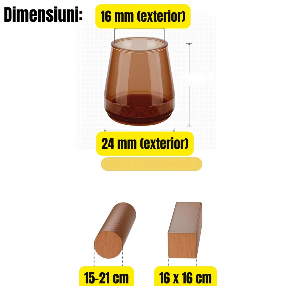 Set 16 protectii picioare scaun silicon cu pasla maro Ø15-21 mm antizgomot si antizgariere [2]