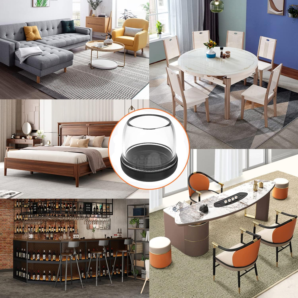 Set 16 protectii picioare scaun Ø28-36 mm, rotunde, Negru + Transparent, cu baza anti frecare pentru covor si mocheta [4]