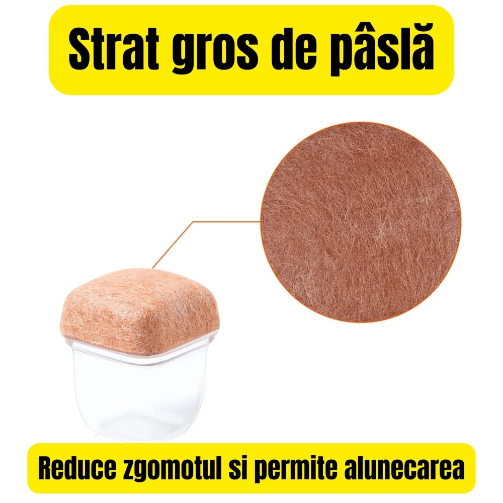 Set 16 Protectii picioare scaun, Patrate 23-28mm cu Pasla, capace transparente anti-zgariere pentru parchet [3]