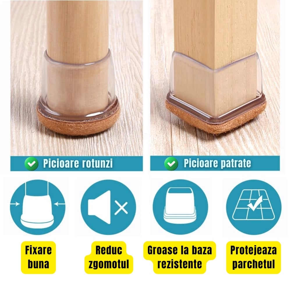 Set 16 Protectii picioare scaun, Patrate 23-28mm cu Pasla, capace transparente anti-zgariere pentru parchet [4]