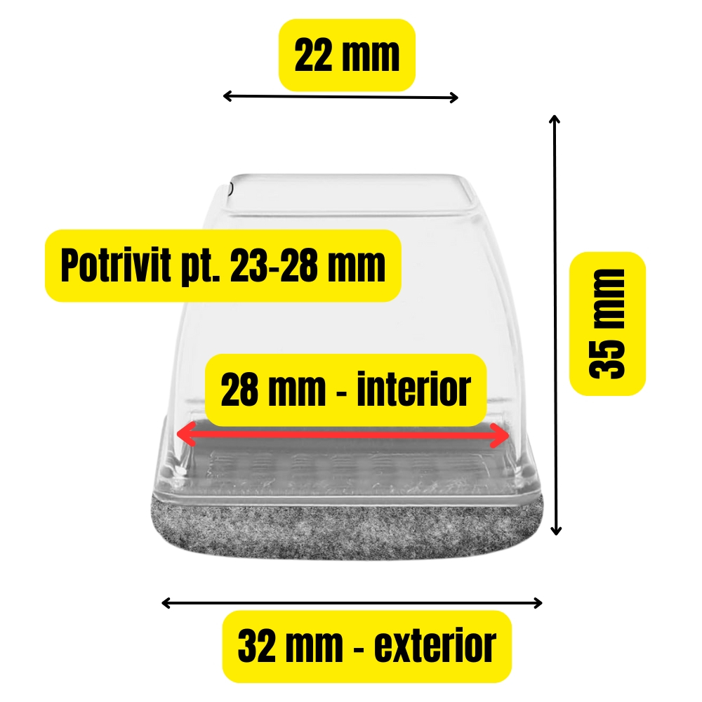 Set 8 Protectii picioare scaun, Patrate 23-28mm cu Pasla, capace transparente anti-zgariere pentru parchet [2]
