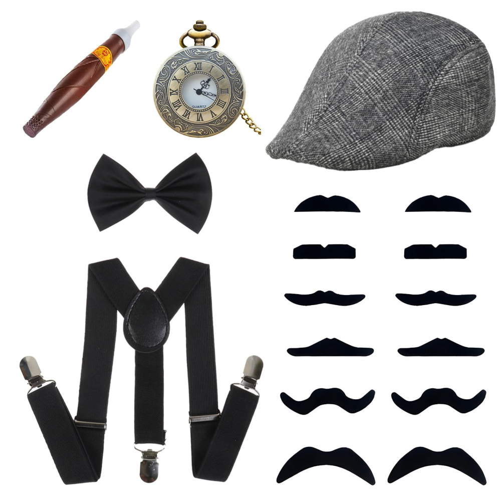 Set 17 Accesorii Stil Gatsby Anii '20 pentru Copii, Sapca, Bretele, Papion, Ceas Buzunar, Mustati, Trabuc si Accesorii Vintage, Negru [2]