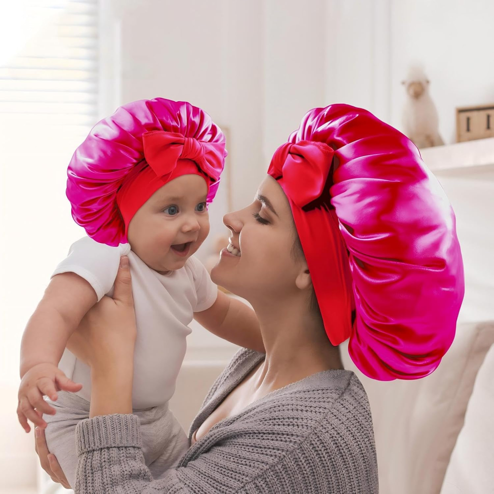 Set doua bonete din satin roz pentru somn mama si copil. [2]