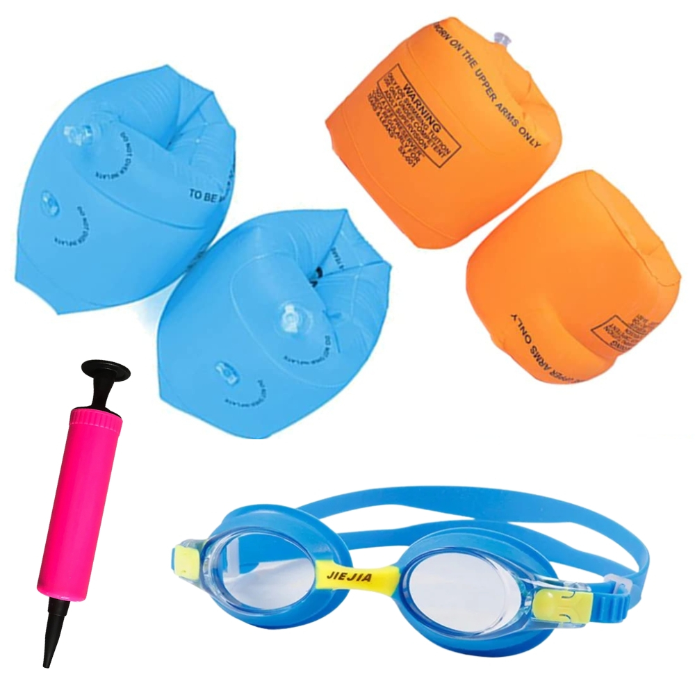 Set 2 Bratari Gonflabile Inot Copii + Ochelari Intot in Etui + Pompa – Armbands Portocaliu si Albastru, Accesorii pentru Piscina si Plaja [1]