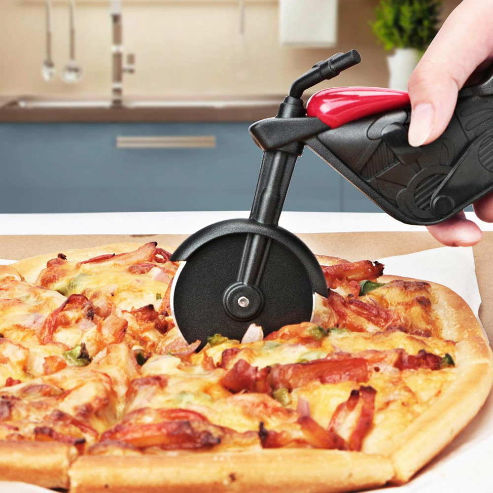 Set 2 Cuttere pentru pizza in forma de motocicleta si bicicleta, din otel inoxidabil si plastic, cu suport, design creativ [6]