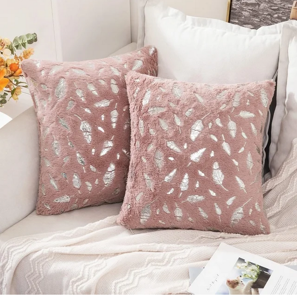 Set 2 Fețe de pernă decorative din imitație de blană, cu design de frunze metalice, MIULEE, roz, 40x40 cm [1]