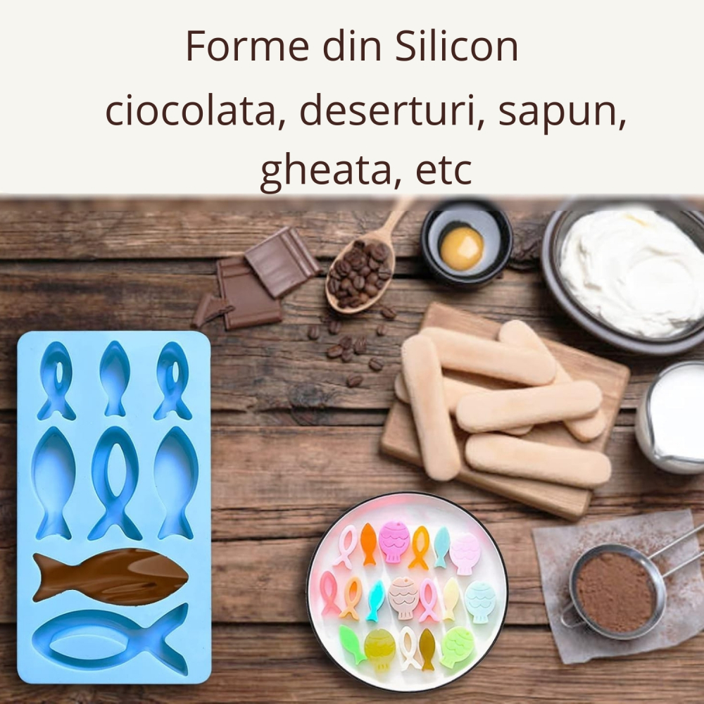 Set 2 Forme din Silicon, Pesti - Simbol Crestin, cu 8 Compartimente fiecare, pentru Deserturi, Ciocolata, Sapun, Gheata, 22 x 12 cm [4]