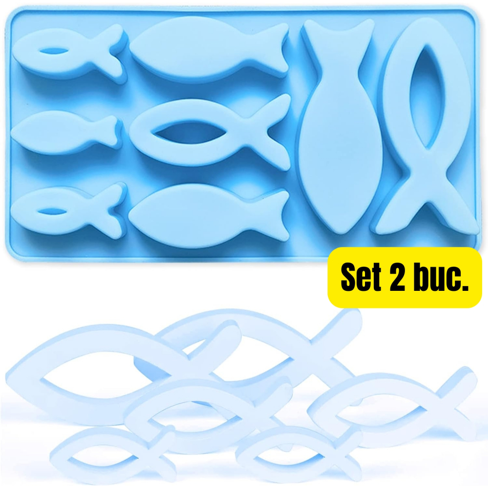Set 2 Forme din Silicon, Pesti - Simbol Crestin, cu 8 Compartimente fiecare, pentru Deserturi, Ciocolata, Sapun, Gheata, 22 x 12 cm [1]