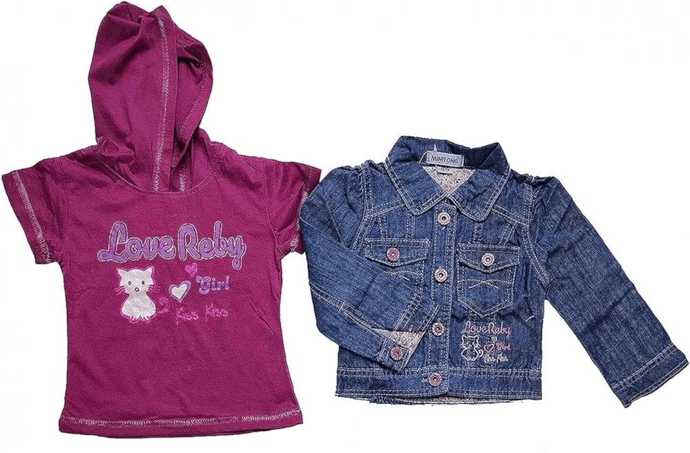 Set 2 jachete si 2 tricouri pentru fetite, tricou cu gluga, jacheta din denim cu maneci lungi, din bumbac, cu buzunare, model pisicuta, violet, pentru 18-24 luni [2]