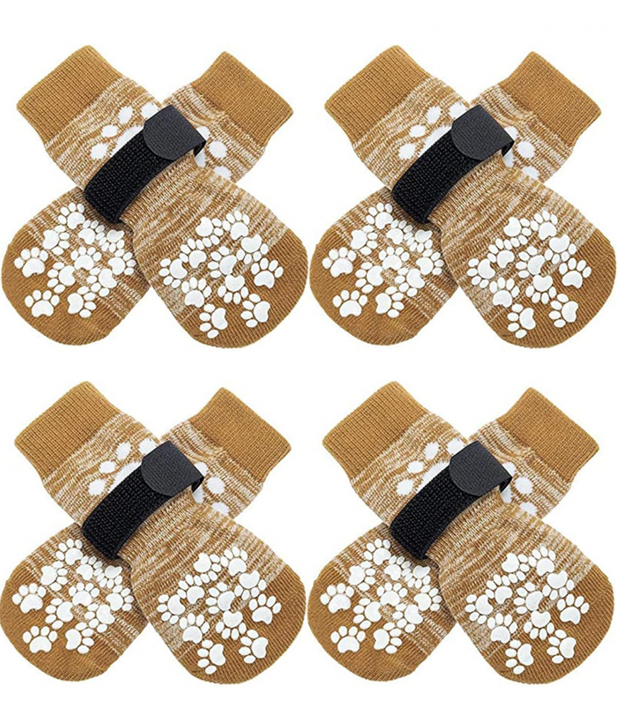 Set 2 Perechi de Sosete Antiderapante pentru Caini si Pisici, Protectie, Confort si Aderenta pentru Interior, maro [1]