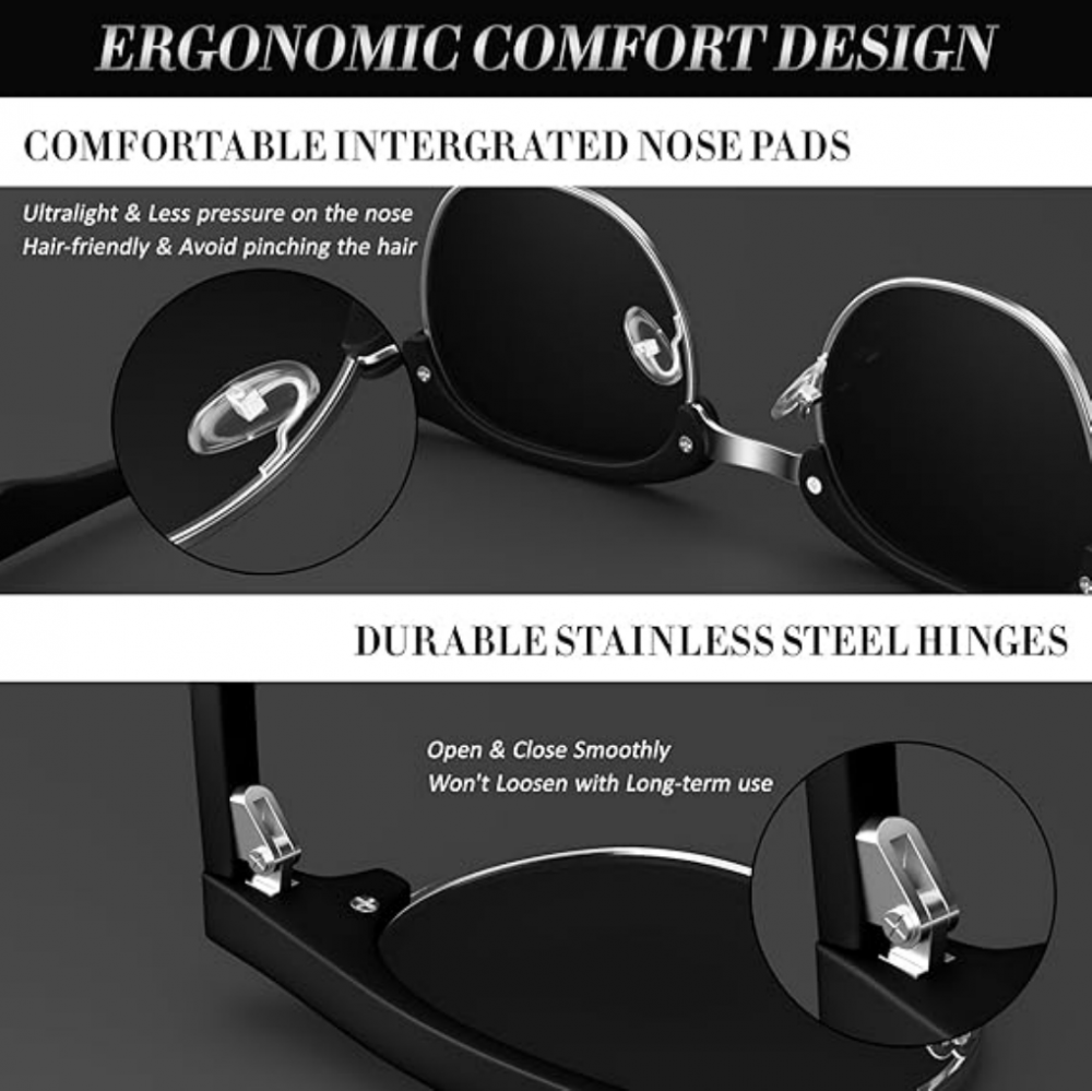 Set 2 perechi Ochelari de soare polarizati, LINVO, model semi-rimless pentru barbati si femei, stil retro clasic cu protectie UV 400, lentila albastra si lentila neagra [3]