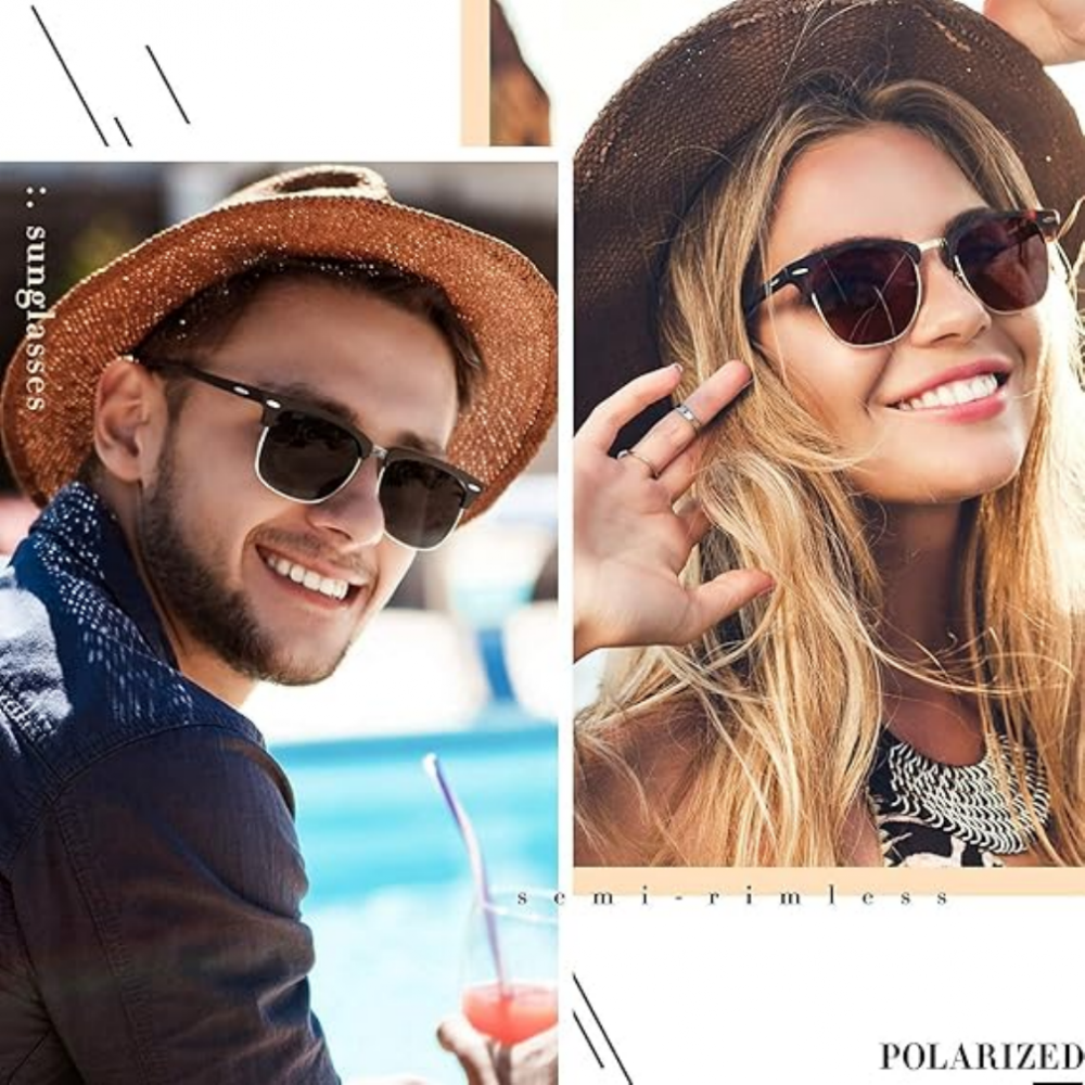 Set 2 perechi Ochelari de soare polarizati, LINVO, model semi-rimless pentru barbati si femei, stil retro clasic cu protectie UV 400, lentila albastra si lentila neagra [2]
