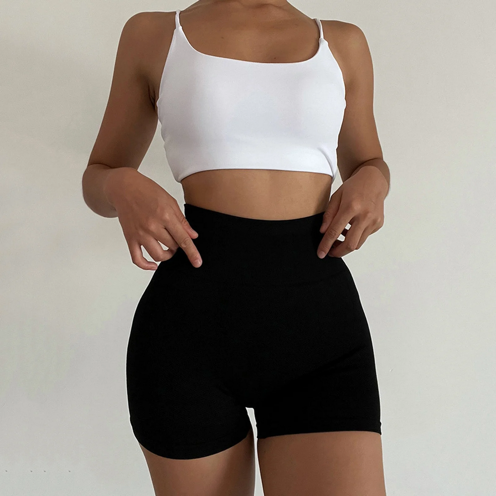Set 2 Perechi Pantaloni Scurți Sport pentru Femei, Talia Înaltă, Fără Cusături, Model Scrunch, Ideali pentru Yoga, Sală și Fitness, negru/gri, marime M [7]