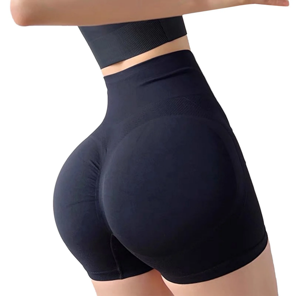 Set 2 Perechi Pantaloni Scurți Sport pentru Femei, Talia Înaltă, Fără Cusături, Model Scrunch, Ideali pentru Yoga, Sală și Fitness, negru/gri, marime M [5]