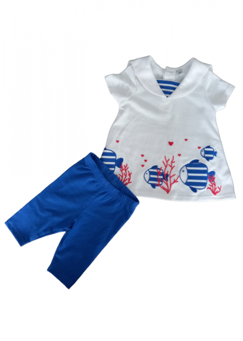 Set 2 piese pentru copii, rochita cu pantaloni, alb-albastru, impimeu pestisori, 6 luni [2]