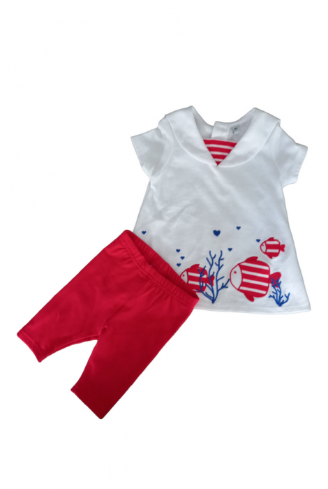 Set 2 piese pentru copii, rochita cu pantaloni, alb-rosu, impimeu pestisori, 6 luni [2]