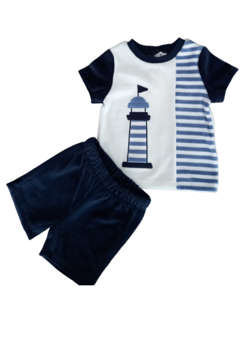 Set 2 piese pentru copii, tricou cu pantaloni scurti, alb-bleumarin, imprimeu cu far, 6 luni [2]