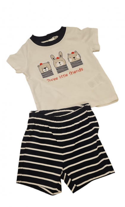 Set 2 piese pentru copii, tricou cu pantaloni scurti, alb-bleumarin, Three little friends, 3 luni [2]