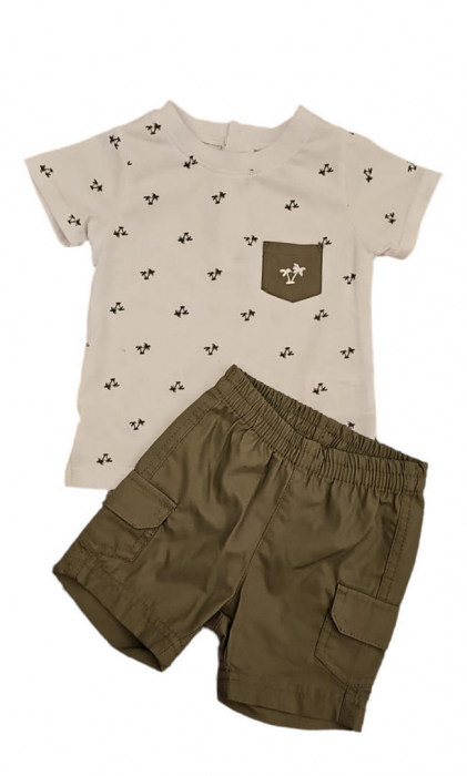 Set 2 piese pentru copii, tricou cu pantaloni scurti, alb-maro deschis, imprimeu palmieri, 6 luni [2]