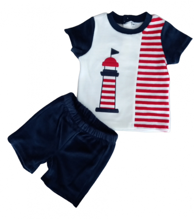 Set 2 piese pentru copii, tricou cu pantaloni scurti, alb-rosu, imprimeu cu far, 9 luni [2]