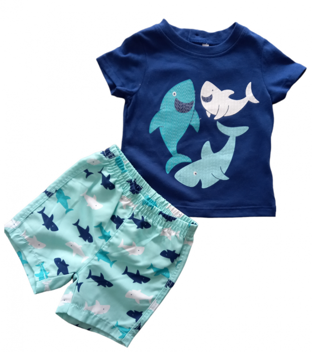 Set 2 piese pentru copii, tricou cu pantaloni scurti, albastru-turcoaz, imprimeu cu rechini, 6 luni [2]