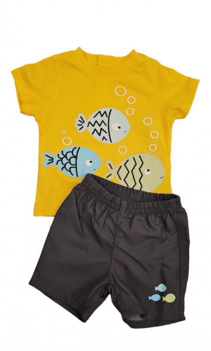 Set 2 piese pentru copii, tricou cu pantaloni scurti, galben-gri, imprimeu pesti, 6 luni [2]